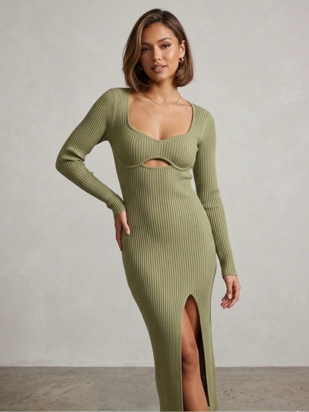 12th Tribe Ribbed Cutout Long Sleeve Midi Dress - Light Green
